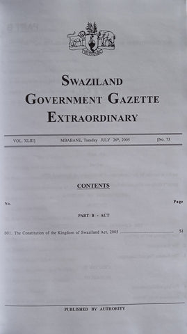 The Constitution of the Kingdom of Swaziland: Swaziland Government Gazette Extraordinary