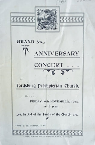 Grand Anniversary Concert in Fordsburg Presbyterian Church on Friday, 6th November, 1903